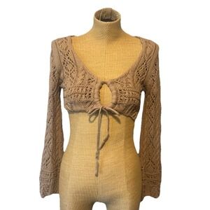 Audrey Parks‎ Francesca's Brown Chunky Knit Cropped Sweater Shrug Tie Small